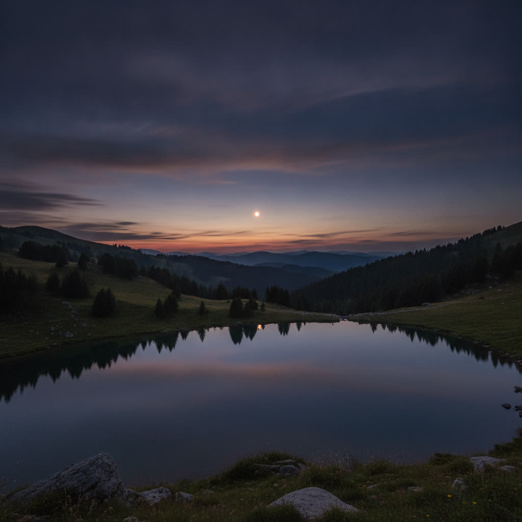 Abendhimmel mit Abendstern über ruhigen Hügeln